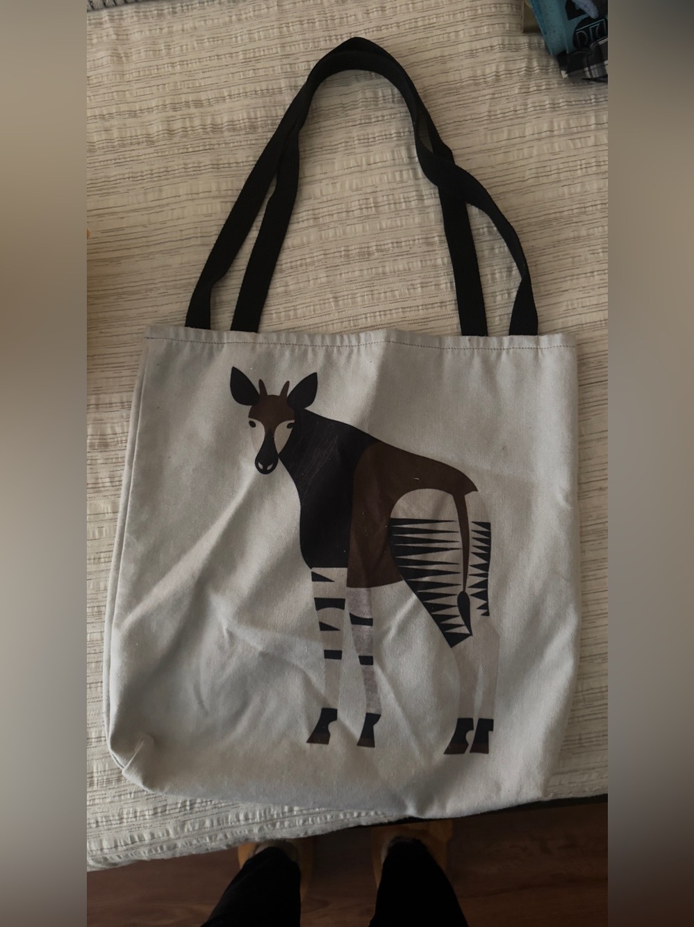 Canvas Okapi animal Tote Bag in off white with Black Straps